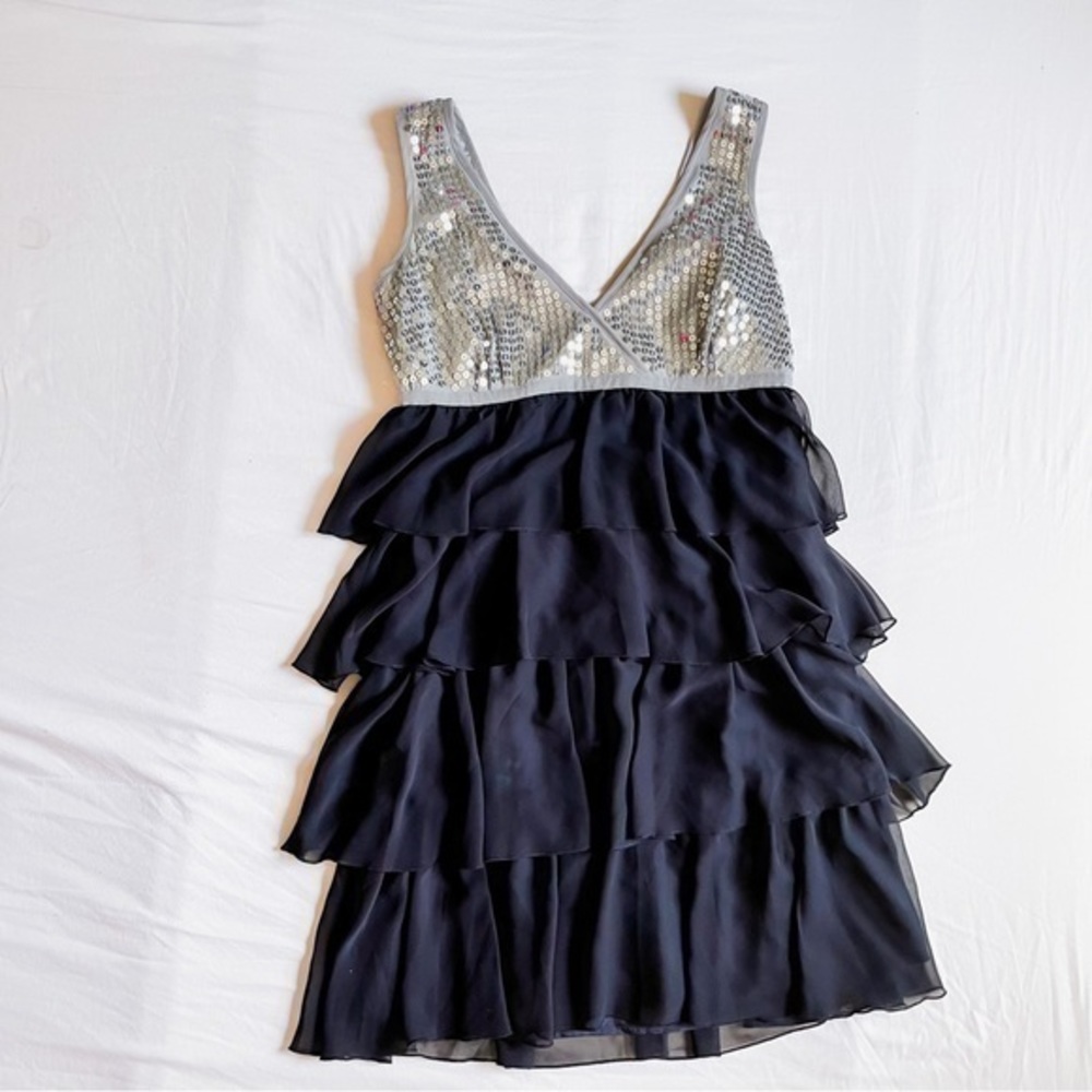 DKNY Women’s Silver Sequined and Black Ruffled Mini Dress